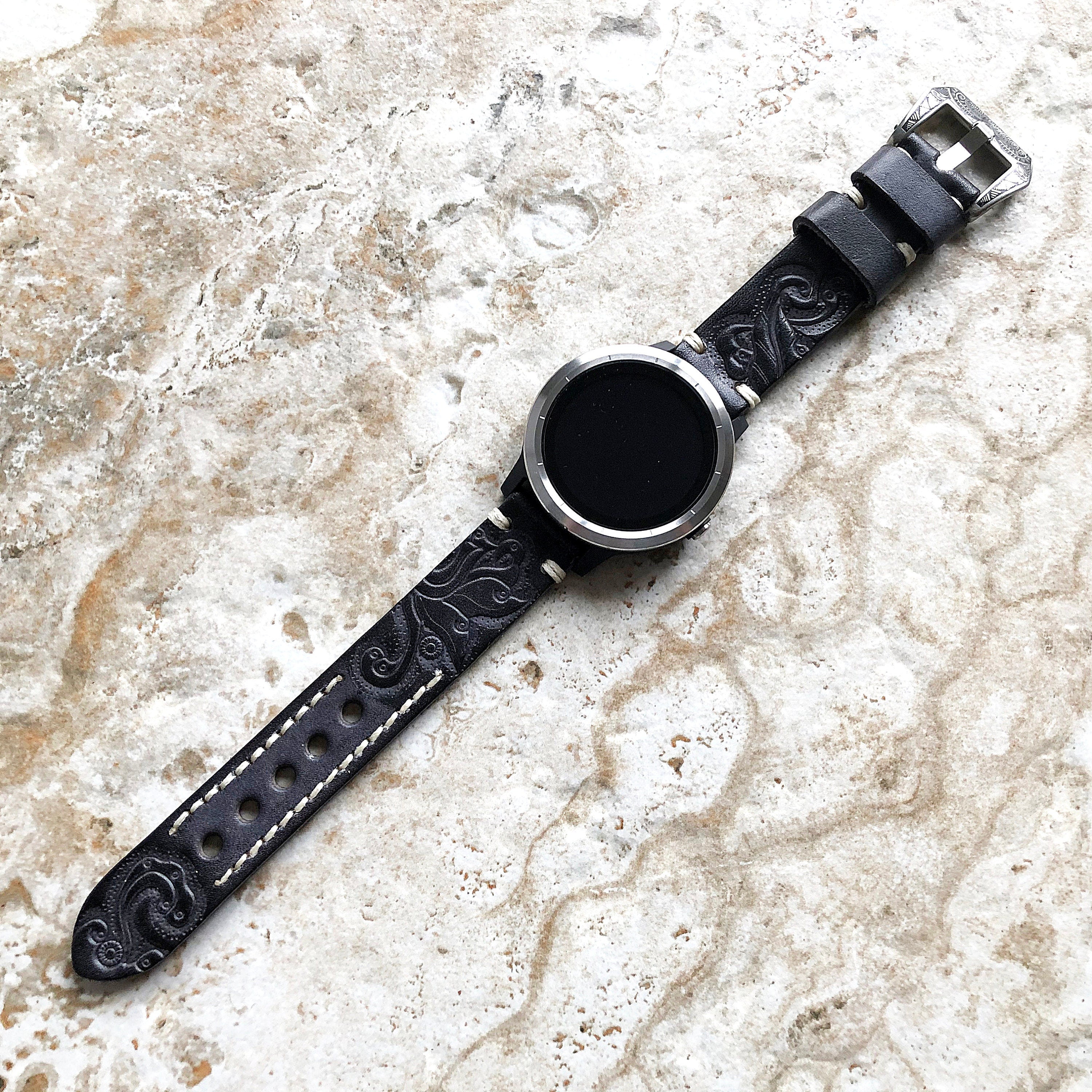 Garmin Black Gray Band for Vivoactive 5 3 and Music (Verizon) too Tooled Embossed Handmade Premium Leather Bracelet Pins Buckle Tool B20